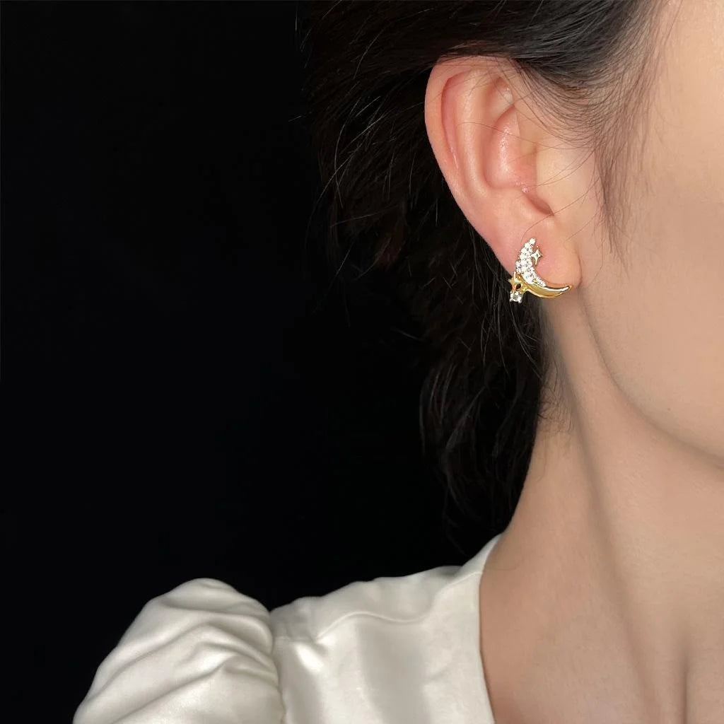 14K Plated Copper Moon Star Zircon Stud Earrings, Fashion Commuter Jewelry