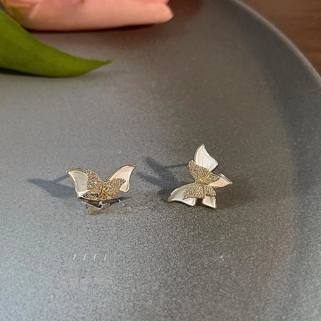 14K Gold Plated Copper Butterfly Stud Earrings With Micro Pave Zircon Forest Fairy Style
