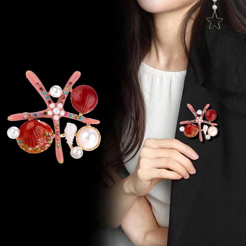Elegant Enamel Starfish And Seashell Brooch With Rhinestones And Faux Pearls, Ocean Lapel Pin Gift