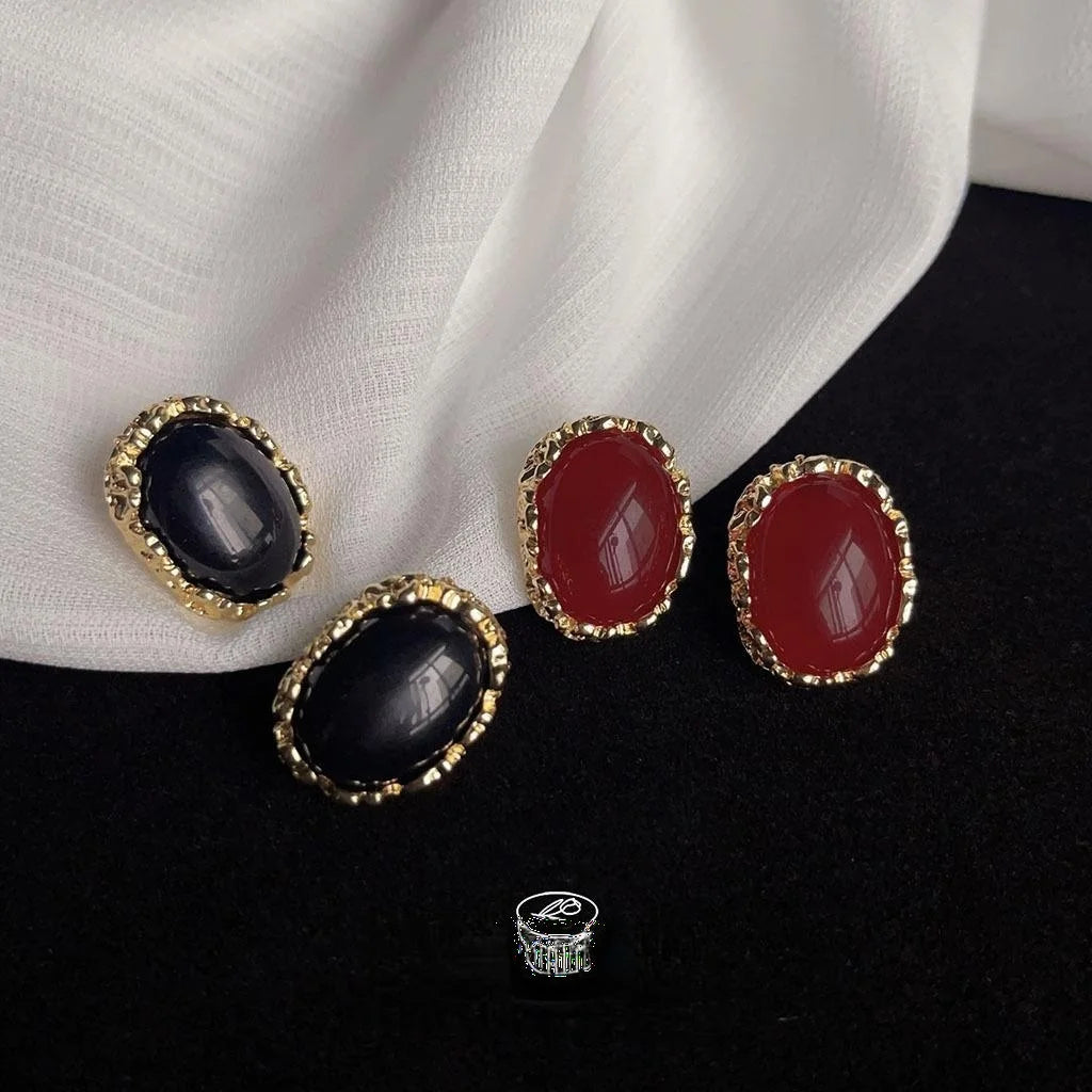 Palace Style Burgundy Oval Alloy Stud Earrings French Vintage Minimalist Geometric Jewelry