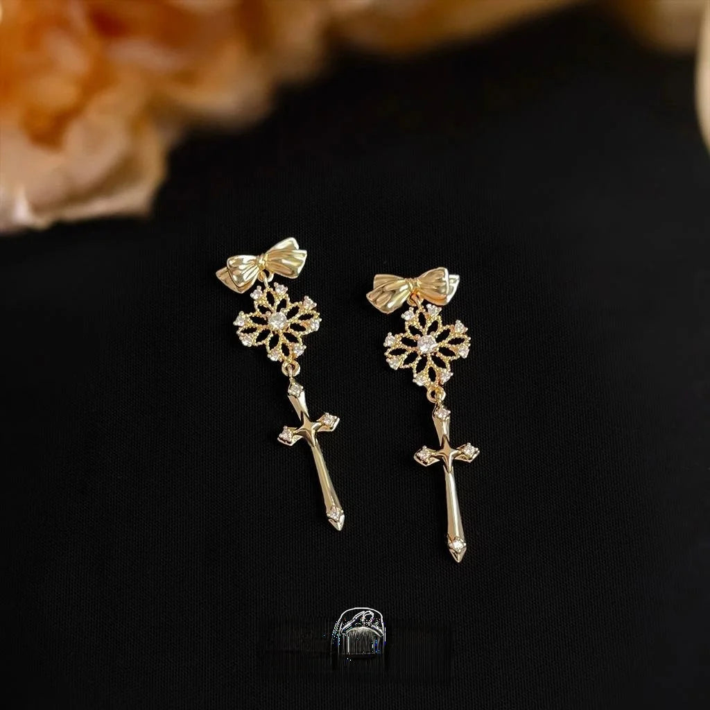 14K Plated Copper Hollow Lace Cross Bow Drop Earrings Old Money Floral Designer Jewelry