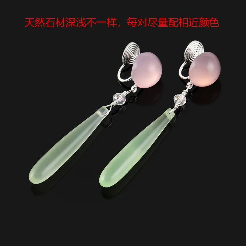 Elegant New Chinese Long Green Agate Teardrop Pink Chalcedony Alloy Stud & Clip On No Piercing Earrings