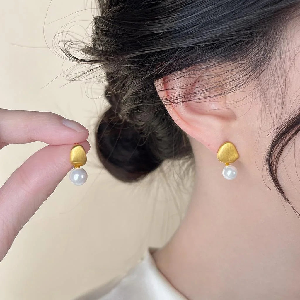 Asymmetric Glass Pearl Brushed Bean Stud Earrings Copper Minimalist Irregular Geometric Jewelry