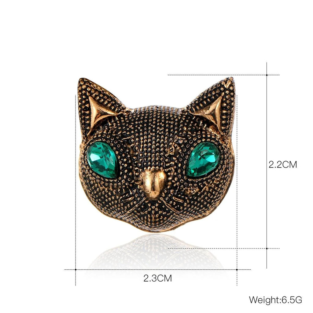 Vintage Cat Head Brooch With Green Rhinestone Eyes, Antique Gold Alloy Lapel Pin For Suit Accessory Gift