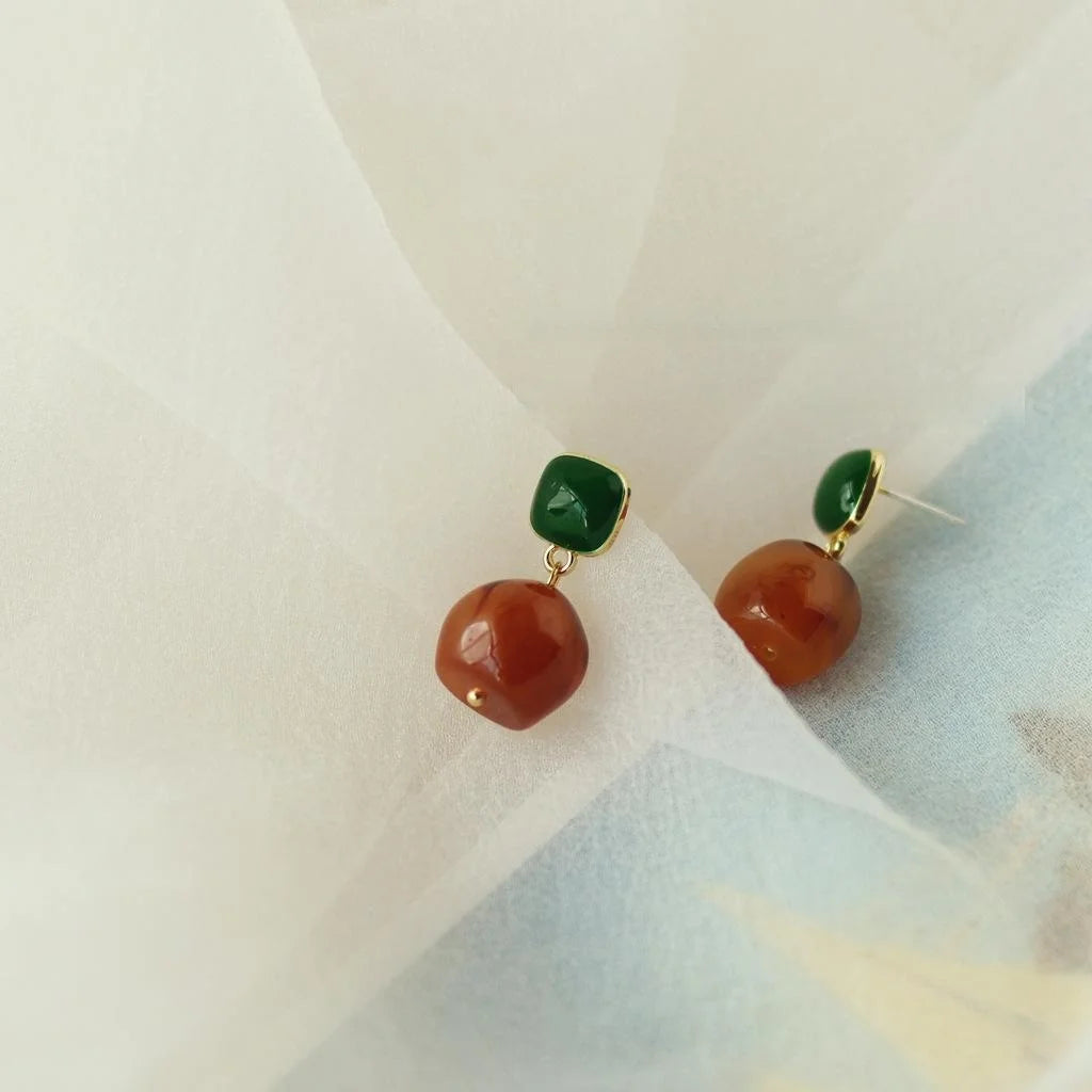 Vintage Hong Kong Style Round Resin Stud Earrings Silver Plated Pin Geometric Minimalist Jewelry