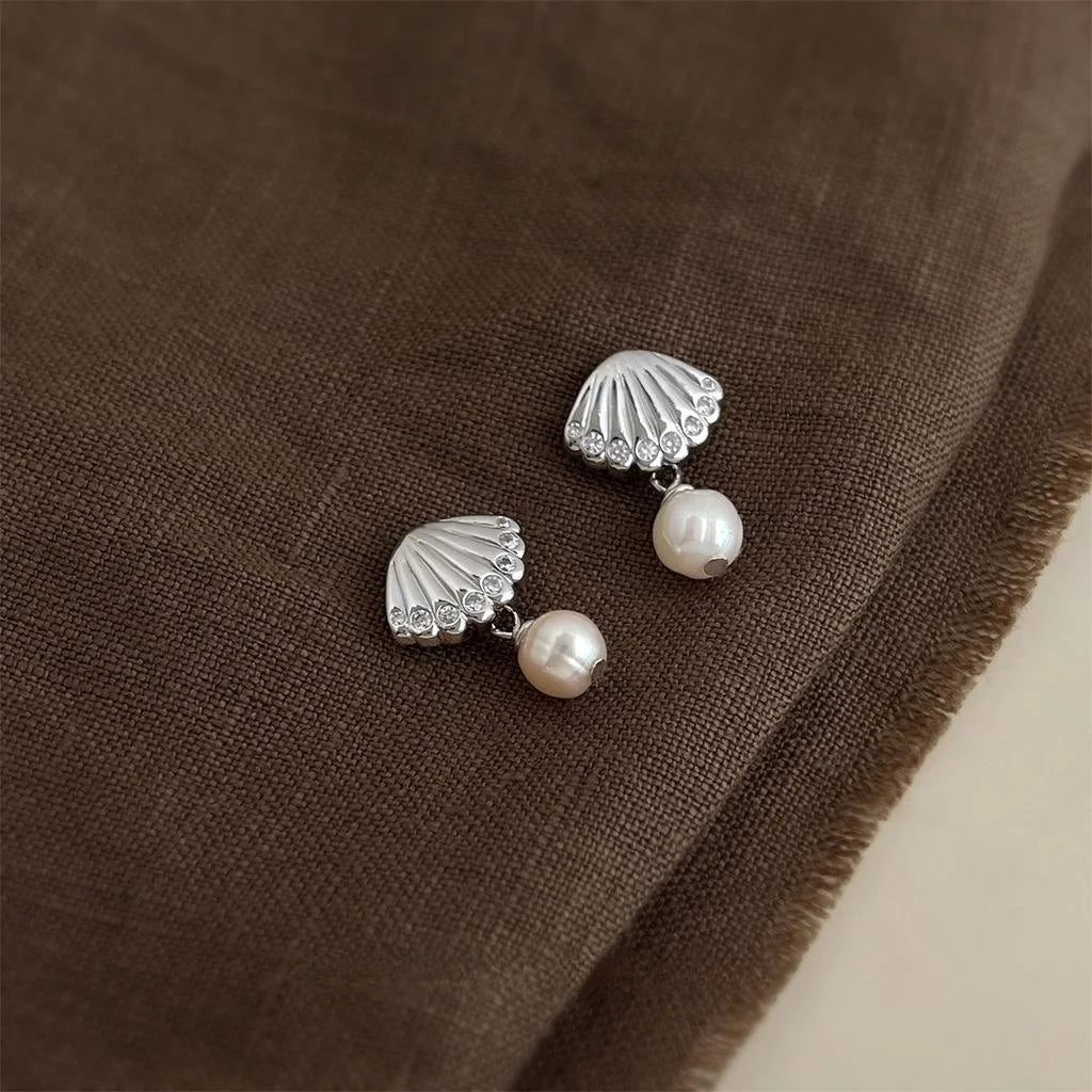 2025 New Style Geometric Shell Freshwater Pearl Zircon Copper Drop Earrings With Silver Plated Pins