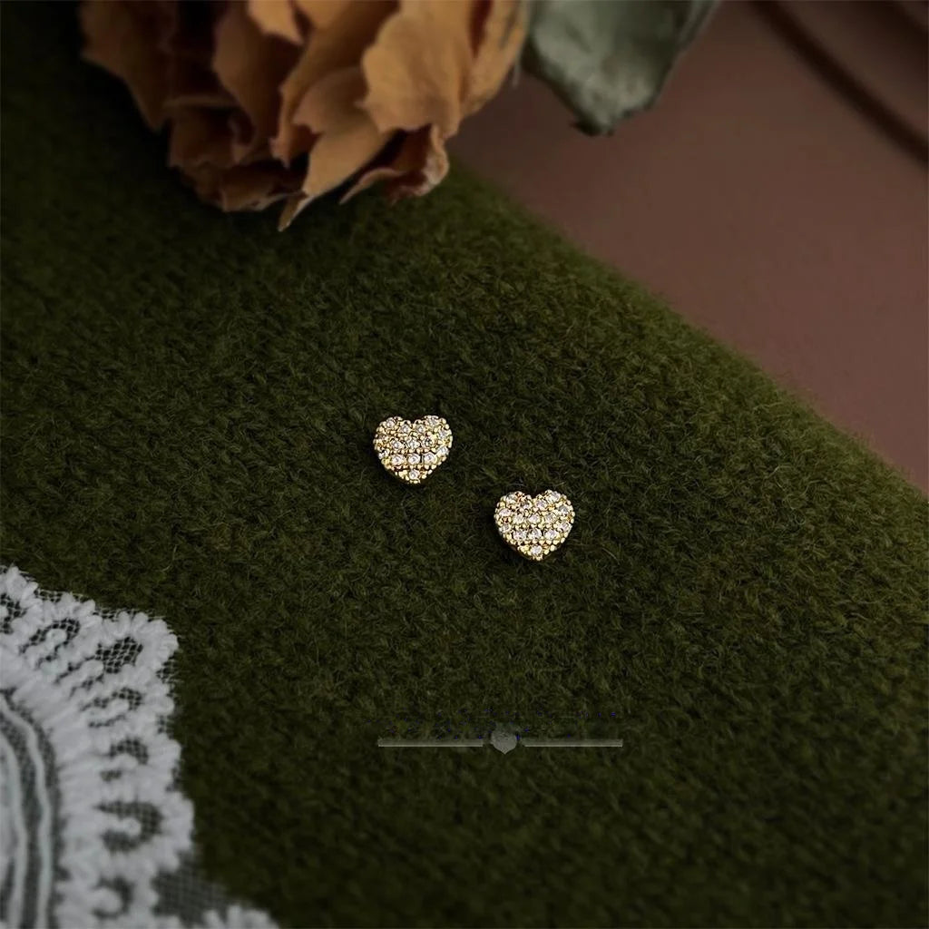 Mini Heart Zircon Micro Pave 14K Plated Copper Stud Earrings For Women