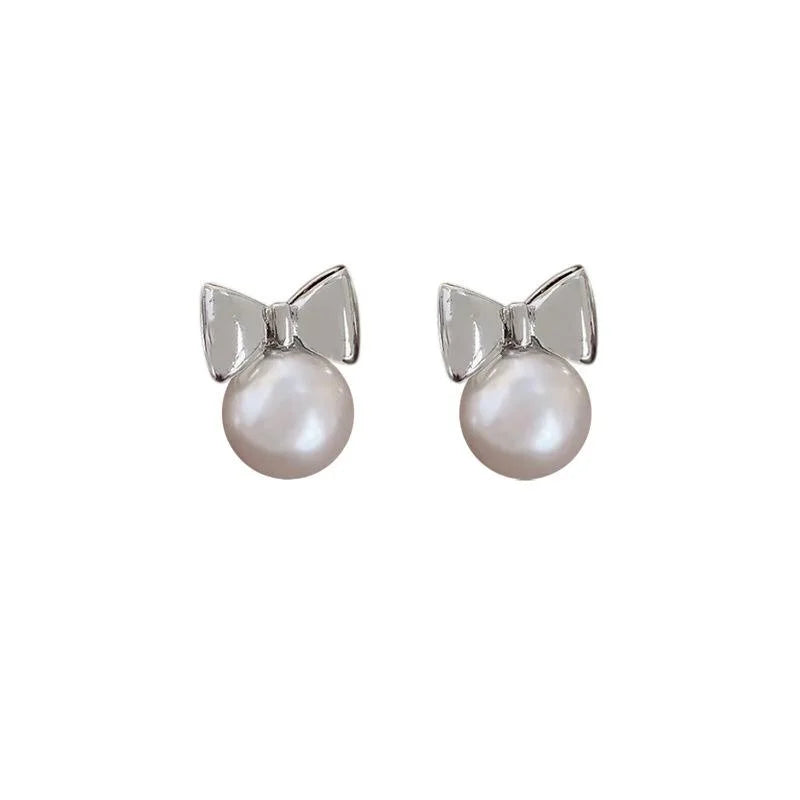 Glass Pearl Bow Drop Earrings for Women, Silver Plated Pin, Elegant Sweet Minimalist Jewelry