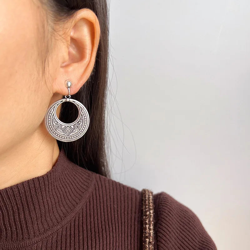 Vintage Ethnic Silver Alloy Hollow Crescent Hoop Drop Stud & Clip On No Piercing Statement Earrings