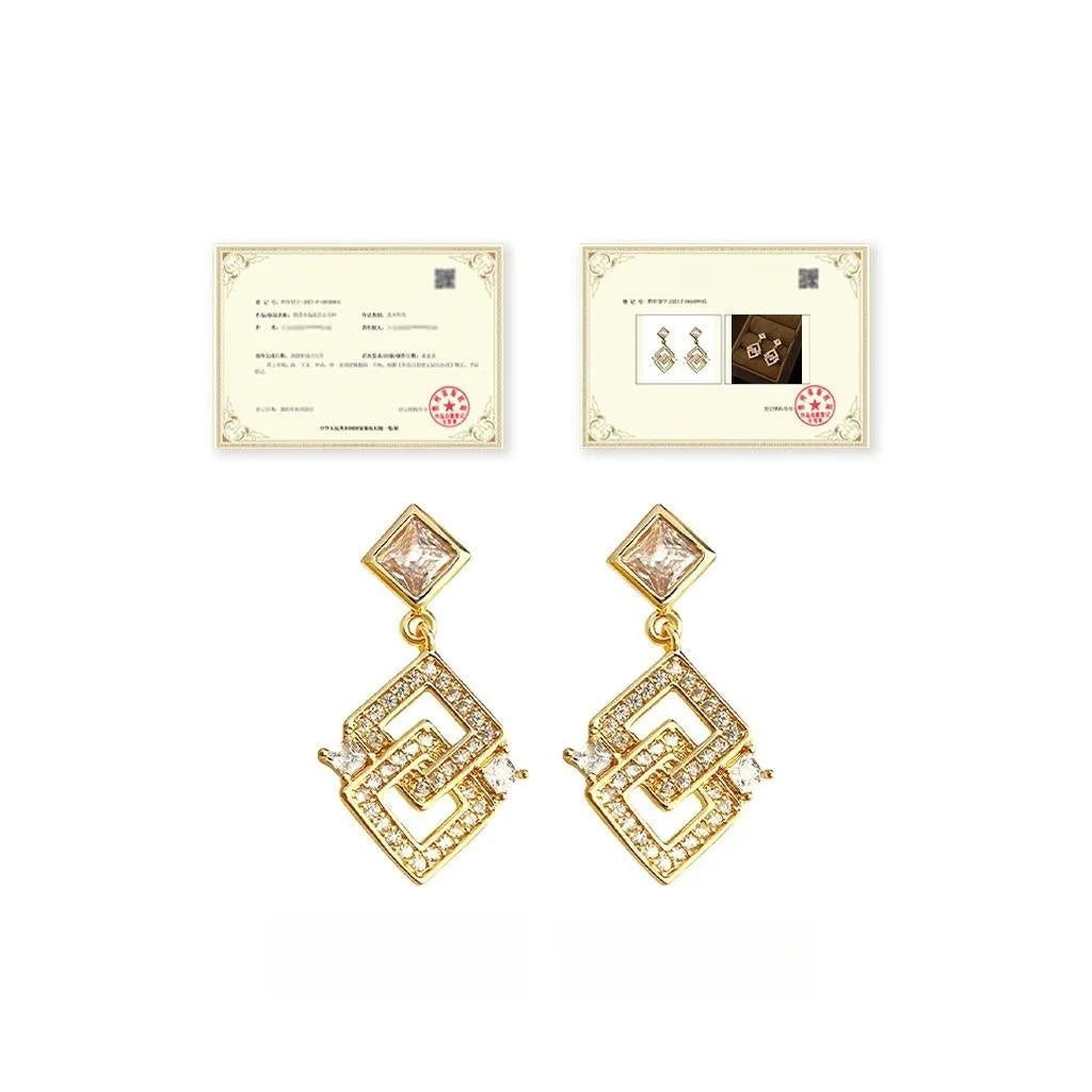 Light Luxury Geometric Square Zircon Copper 14K Plated Drop Earrings