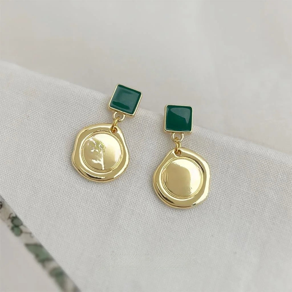 French Style 14K Plated Copper Green Enamel Geometric Drop Earrings