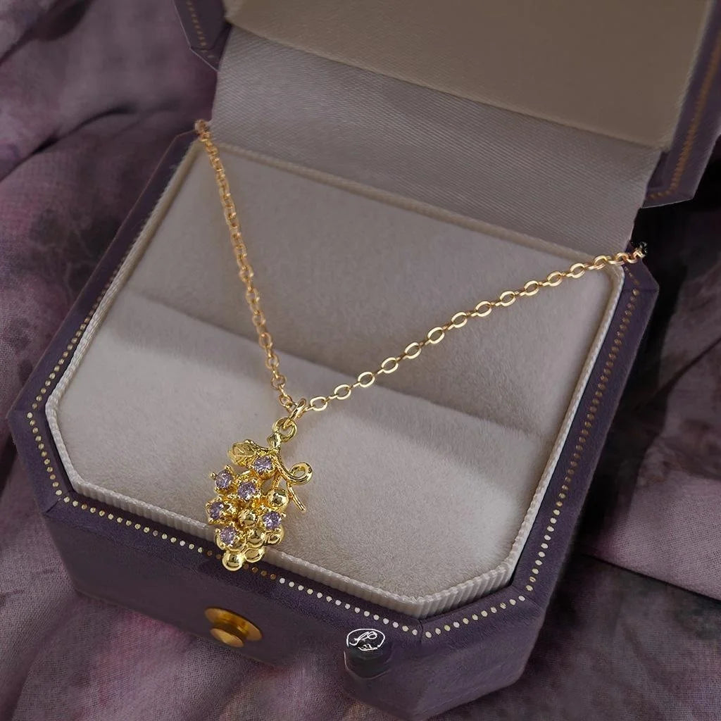 18K Gold Plated Copper Purple Grape Zircon Fruit Pendant Necklace Light Luxury Clavicle Chain