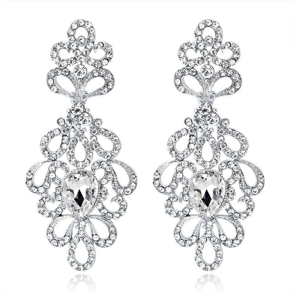 Elegant Hollow Floral Rhinestone Crystal Drop Earrings For Women's Wedding Banquet Party Gift