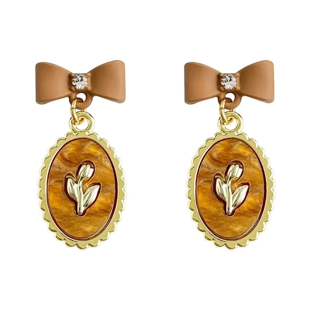 High End Maillard Brown Bow Tassel Drop Earrings With Rhinestone Resin Lacquer