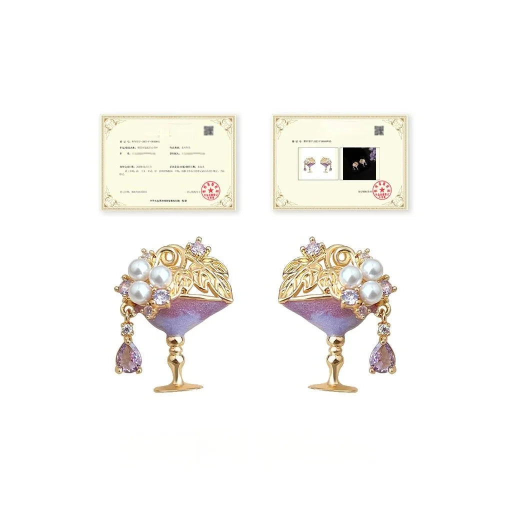 Designer Wine Glass Micro Pave Zircon Copper Stud Earrings Sweet Chic Jewelry
