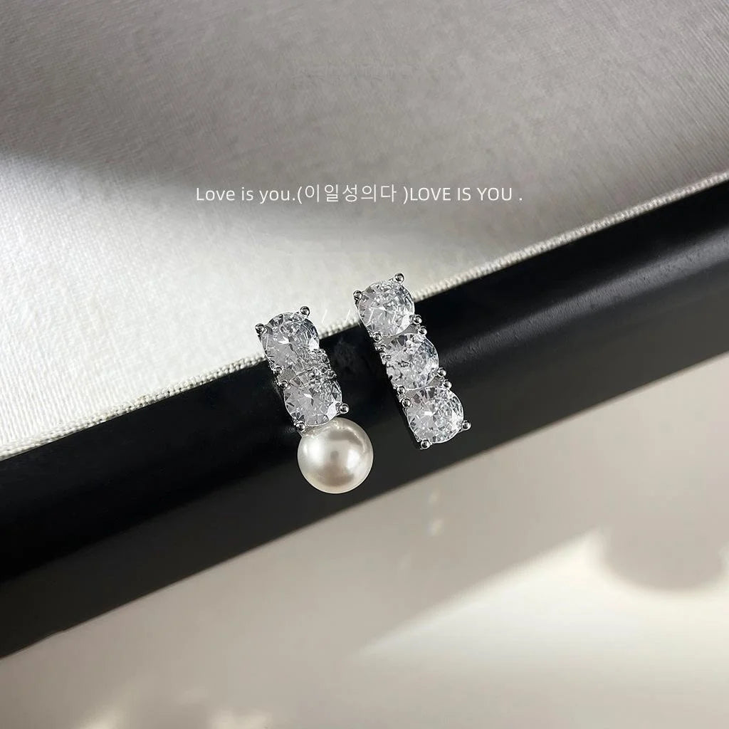 Geometric Asymmetric Glass Pearl Stud Earrings Copper Micro Pave Zircon Minimalist Office Jewelry