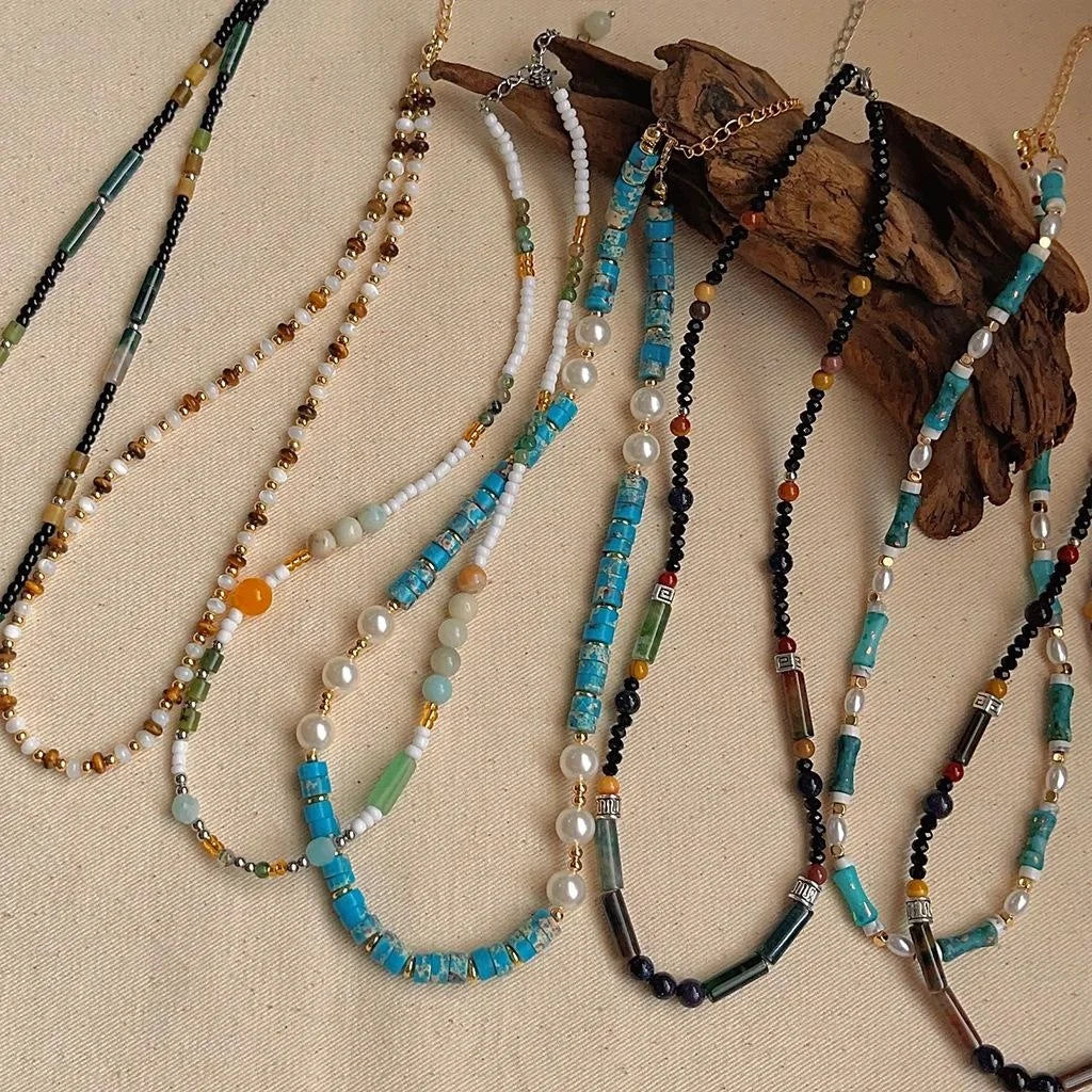 New Chinese Style Natural Stone Beaded Geometric Ring Choker Necklace For Women