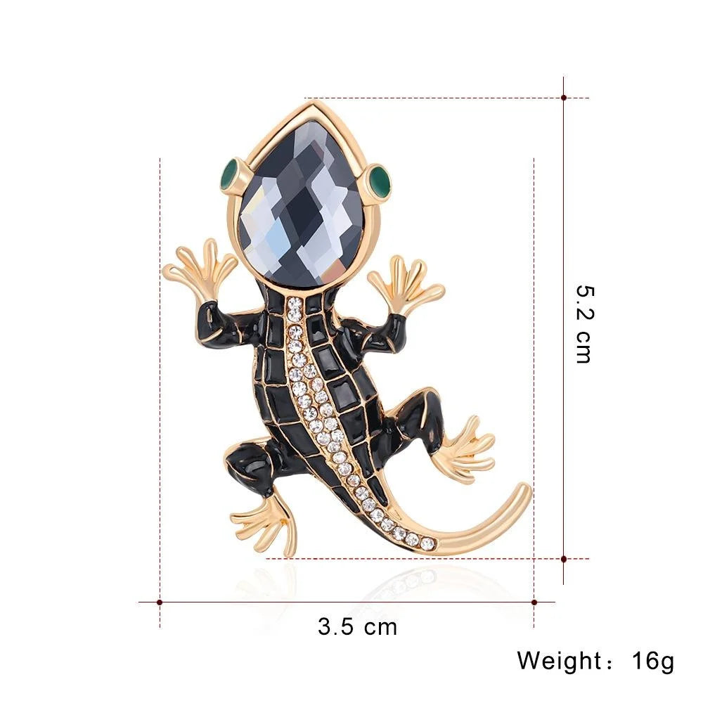 Luxury Black Enamel Gecko Lizard Brooch With Rhinestones, Alloy Animal Lapel Pin Suit Accessory Gift