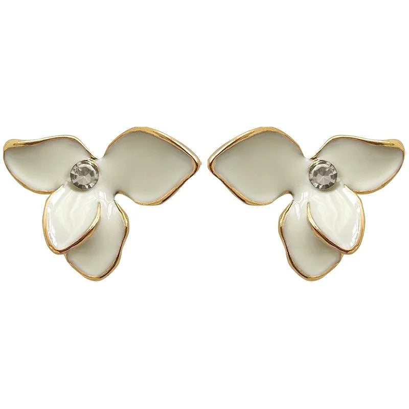 French Vintage Cream White Iris Flower Copper Stud Earrings For Elegant Everyday Wear