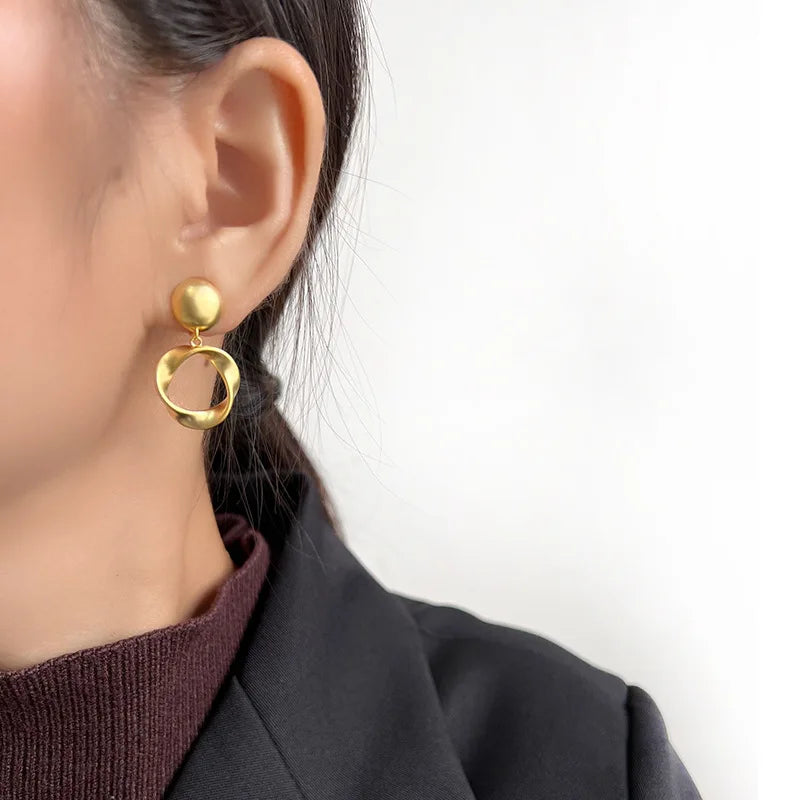 Elegant Matte Gold Alloy Twisted Circle Hoop Drop Stud & Clip On No Piercing Geometric Earrings