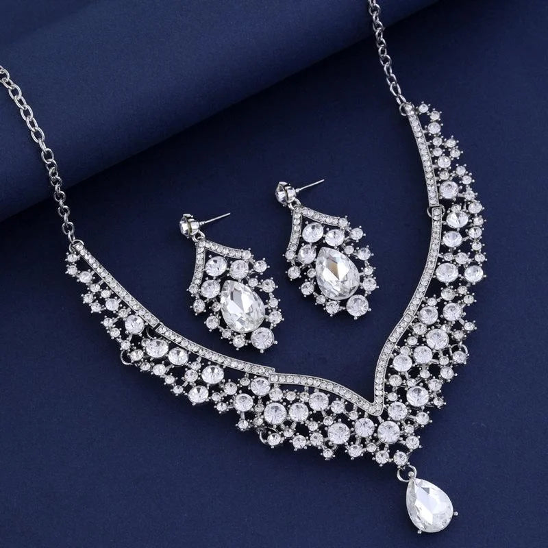 Luxury Bridal Crystal Rhinestone Teardrop Necklace And Earrings Jewelry Set For Wedding Banquet Party Gift