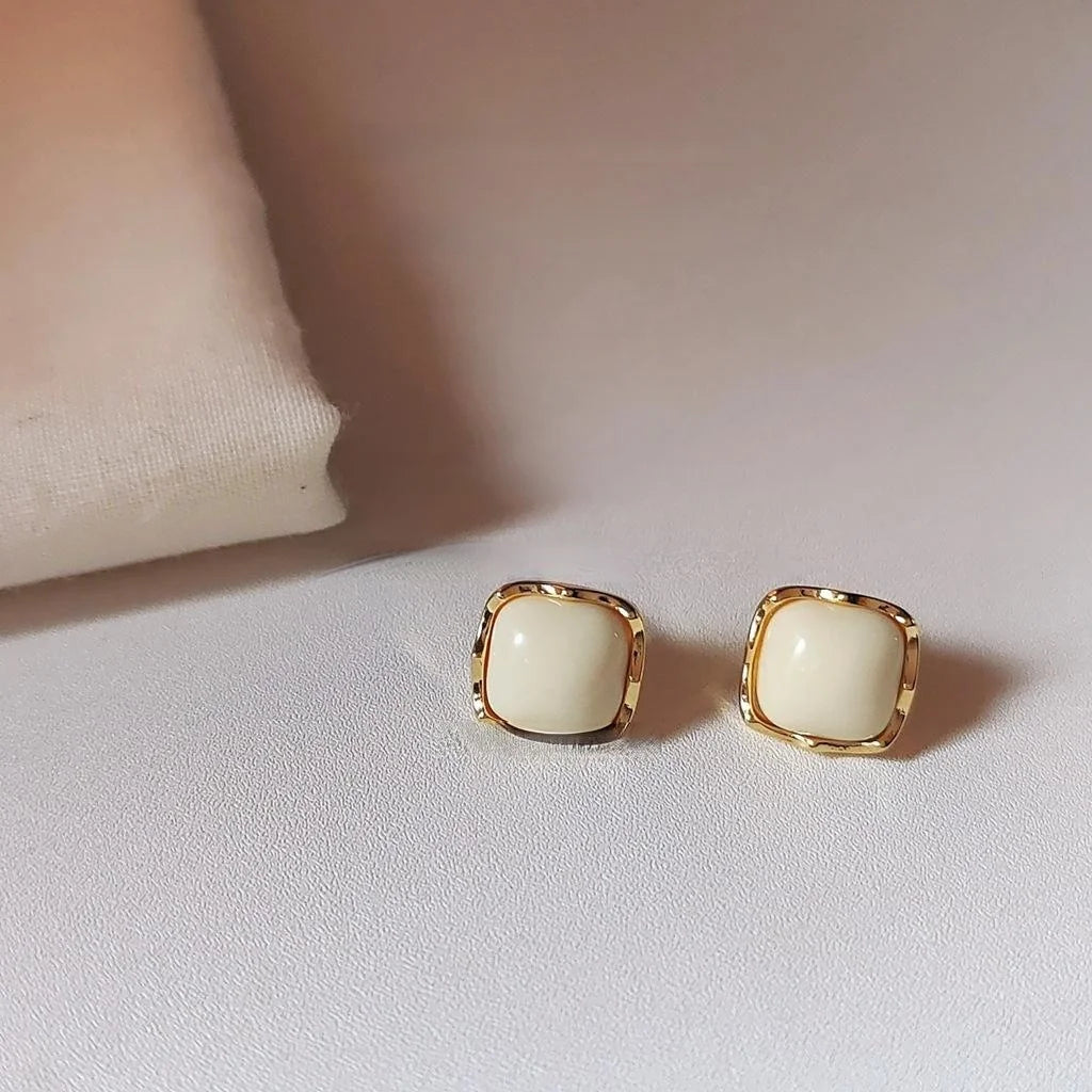 Caramel Milk White 14K Plated Copper Square Stud Earrings For Women Minimalist Sweet Jewelry