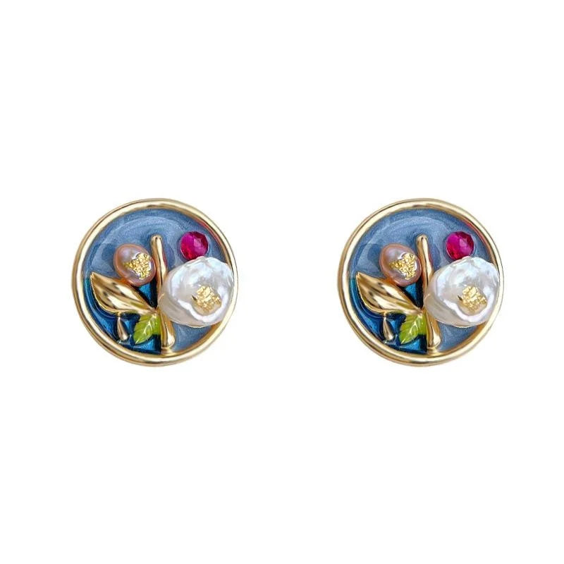 Vintage Baroque Freshwater Pearl Floral Geometric Silver Plated Stud Earrings with Oil Painting Design