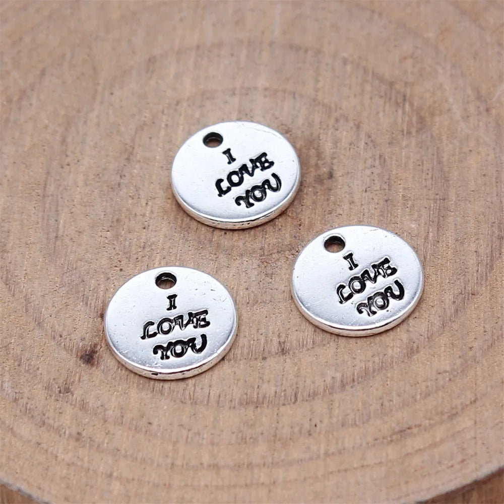 10x10mm 0.6g Antique Silver Zinc Alloy I LOVE YOU Round Tag Double Sided Charm Pendant for DIY Necklaces