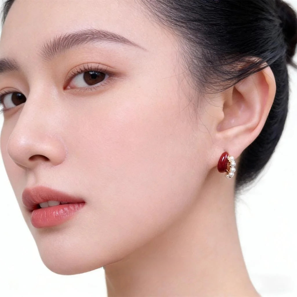 Light Luxury Vintage Burgundy Enamel Pearl Drop Earrings Copper Hepburn Style Jewelry