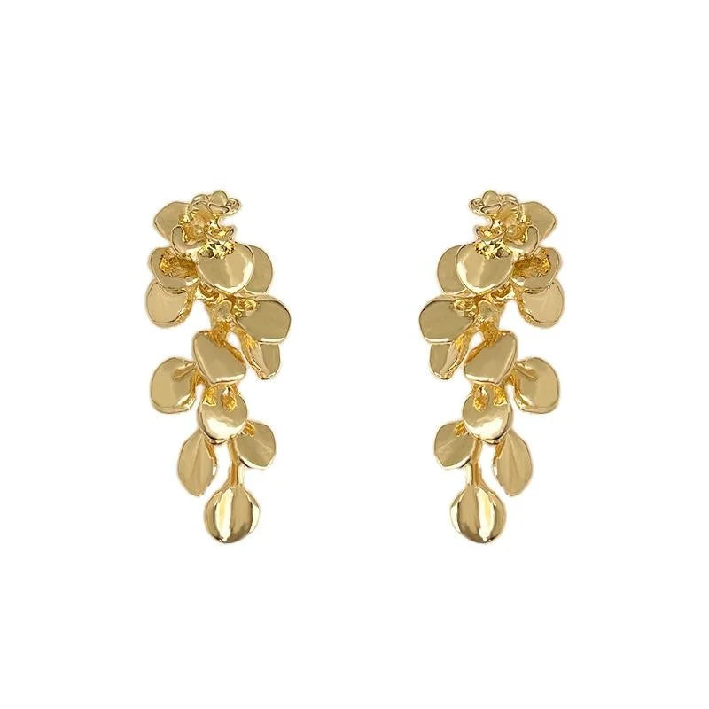 Light Luxury Gold Metal Flower Leaf Long Tassel Drop Earrings Vacation Statement Jewelry