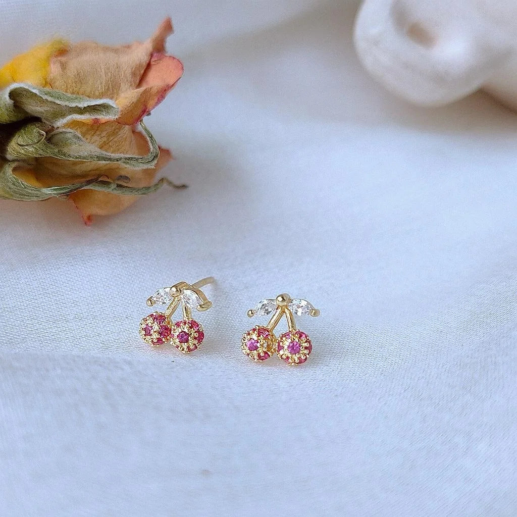 14K Silver Plated Zircon Cherry Fruit Stud Earrings For Women Simple Mini Micro Pave Jewelry