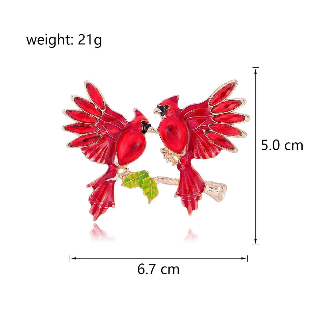 Elegant Red Enamel Double Bird Rhinestone Brooch, Copper Animal Lapel Pin Corsage Suit Accessory Gift