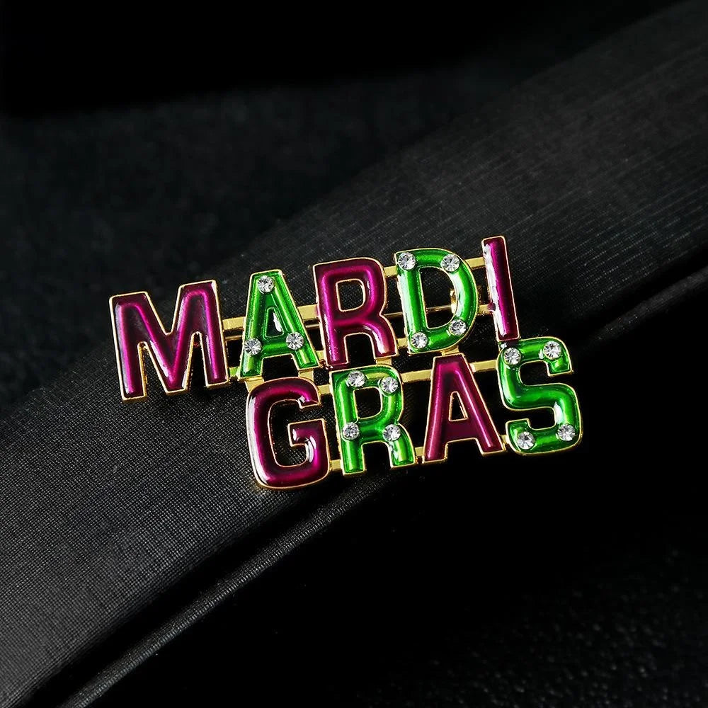 Vintage Mardi Gras Letter Alloy Enamel Rhinestone Brooch, Elegant Carnival Lapel Pin Suit Accessory
