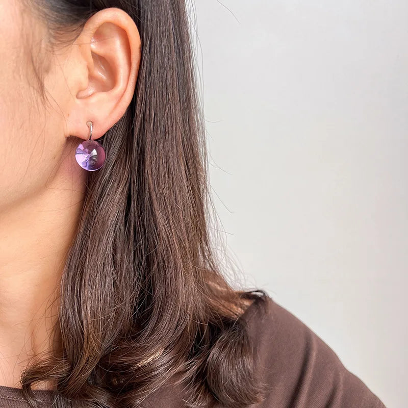 Elegant Purple Crystal Round Bead Dangle Stud & Clip On No Piercing Women's Fashion Earrings