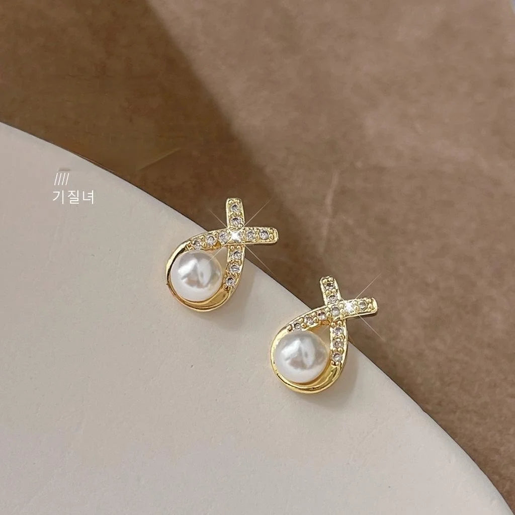 14K Plated Copper Micro Pave Zircon Cross Fan Geometric Stud Earrings, Minimalist Jewelry