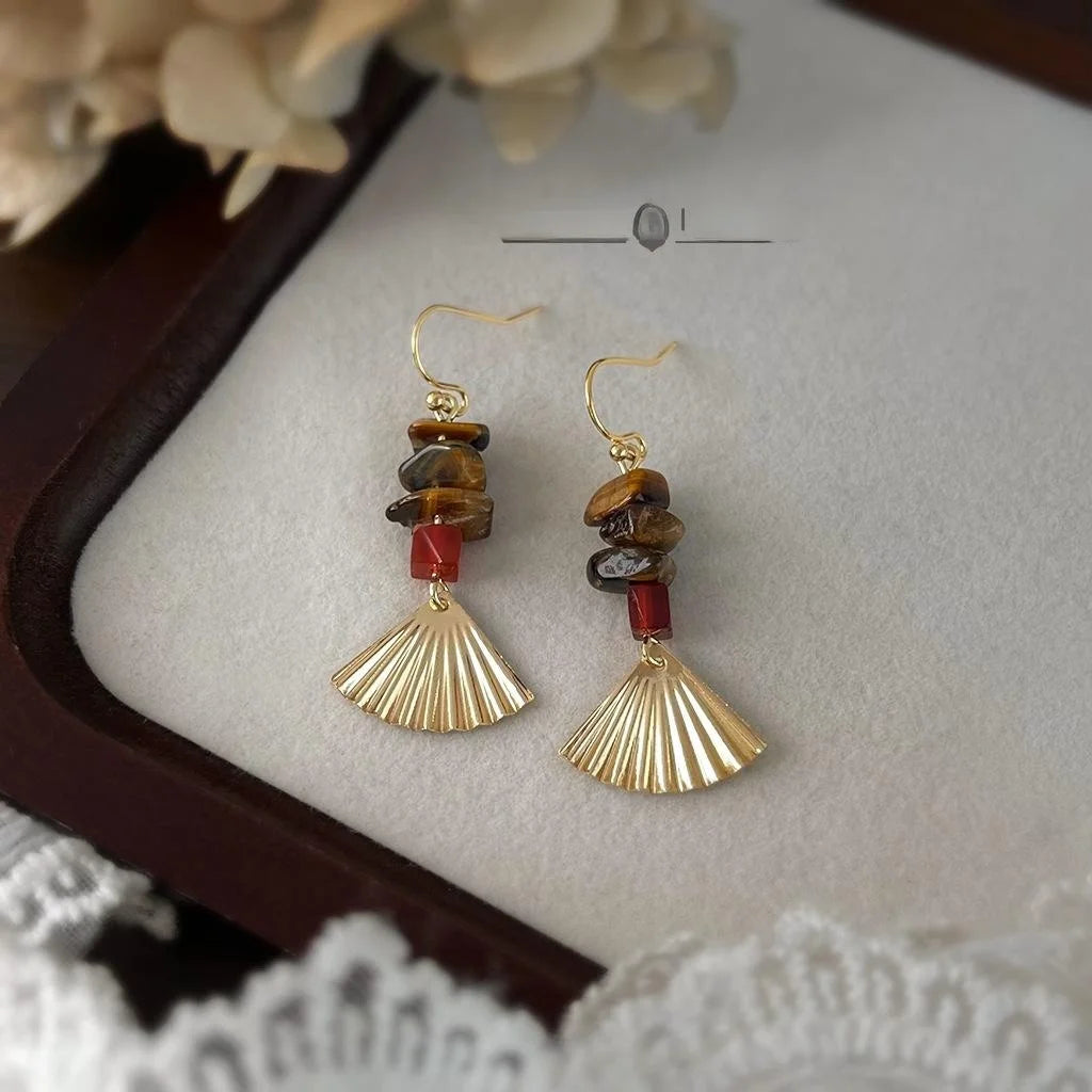 Handmade Vintage Chinese Style Tiger Eye Red Agate Copper Fan Tassel Drop Earrings