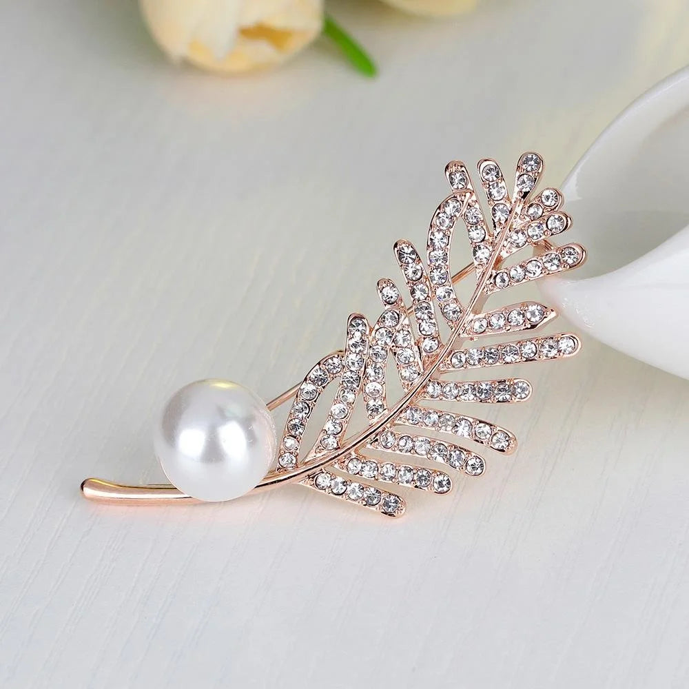 Elegant Pearl Rhinestone Leaf Brooch For Women, Copper Alloy Zircon Lapel Pin Corsage Suit Accessory Gift
