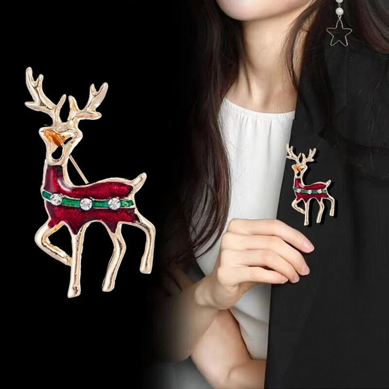 Cute Christmas Reindeer Brooch With Red Enamel Rhinestones, Gold Alloy Deer Lapel Pin Gift For Women