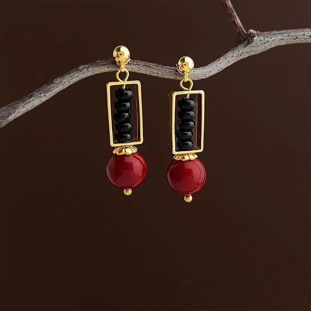Red Black Handmade Chinese Style Geometric Drop Earrings With Glass Pearls And Natural Stone