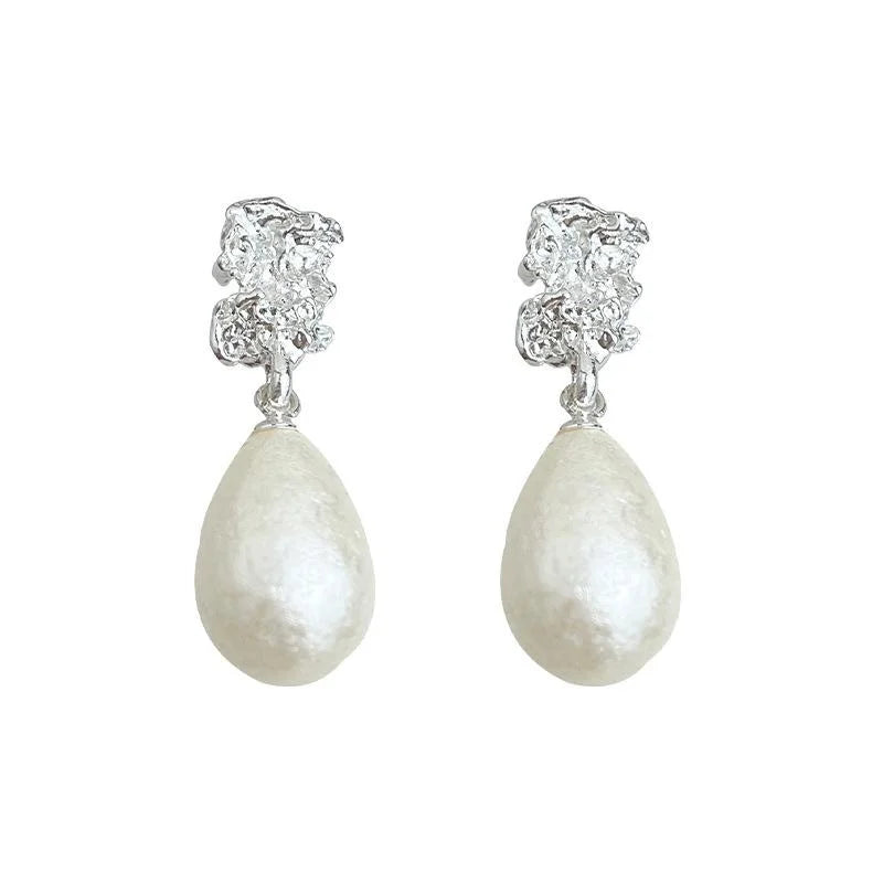 French Textured Snowflake Pearl Teardrop Copper Drop Earrings Silver Plated Luxury Style