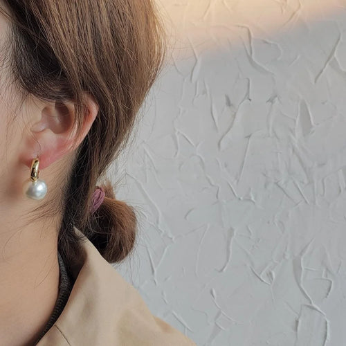French Style 14K Gold Plated Copper C-Shaped Large Pearl Drop Earrings For Women