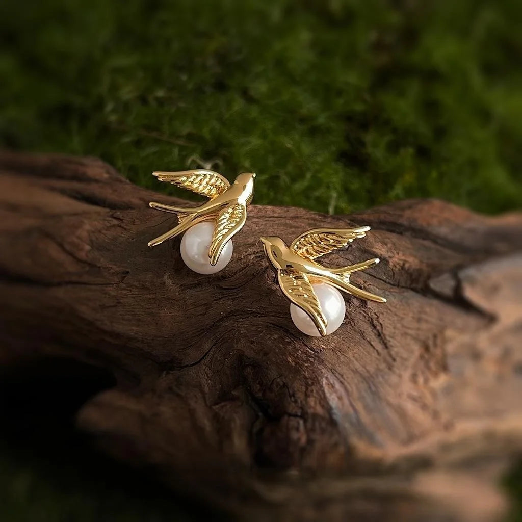 14K Plated Copper Glass Pearl Bird Stud Earrings Elegant Animal Design For Women