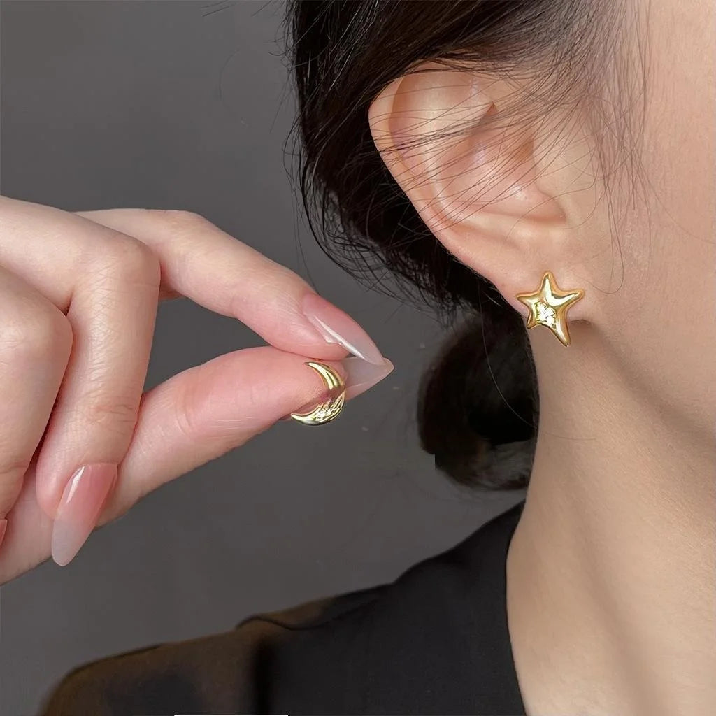 Original Asymmetric Star Moon Micro Pave Zircon Copper Stud Earrings For Women