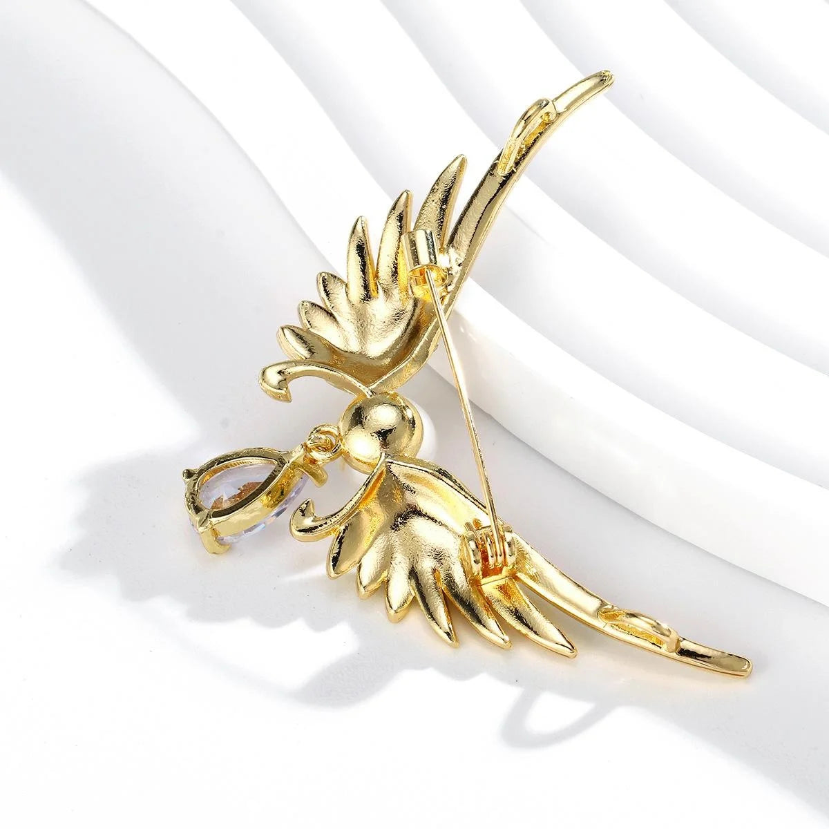 Elegant Enamel Angel Wings Brooch With Rhinestones Pearl And Crystal Drop, Women's Lapel Pin Gift