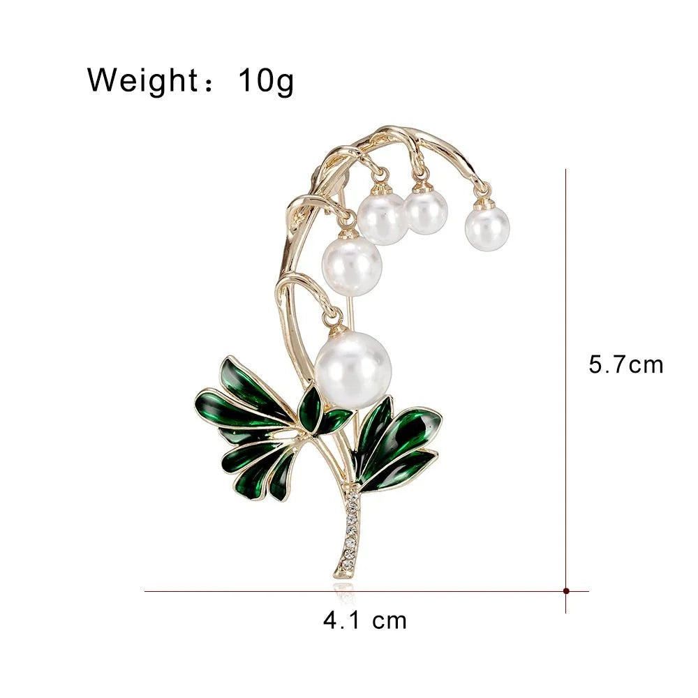 Elegant Lily Of The Valley Pearl Enamel Brooch In Gold Alloy, Rhinestone Floral Lapel Pin Suit Accessory