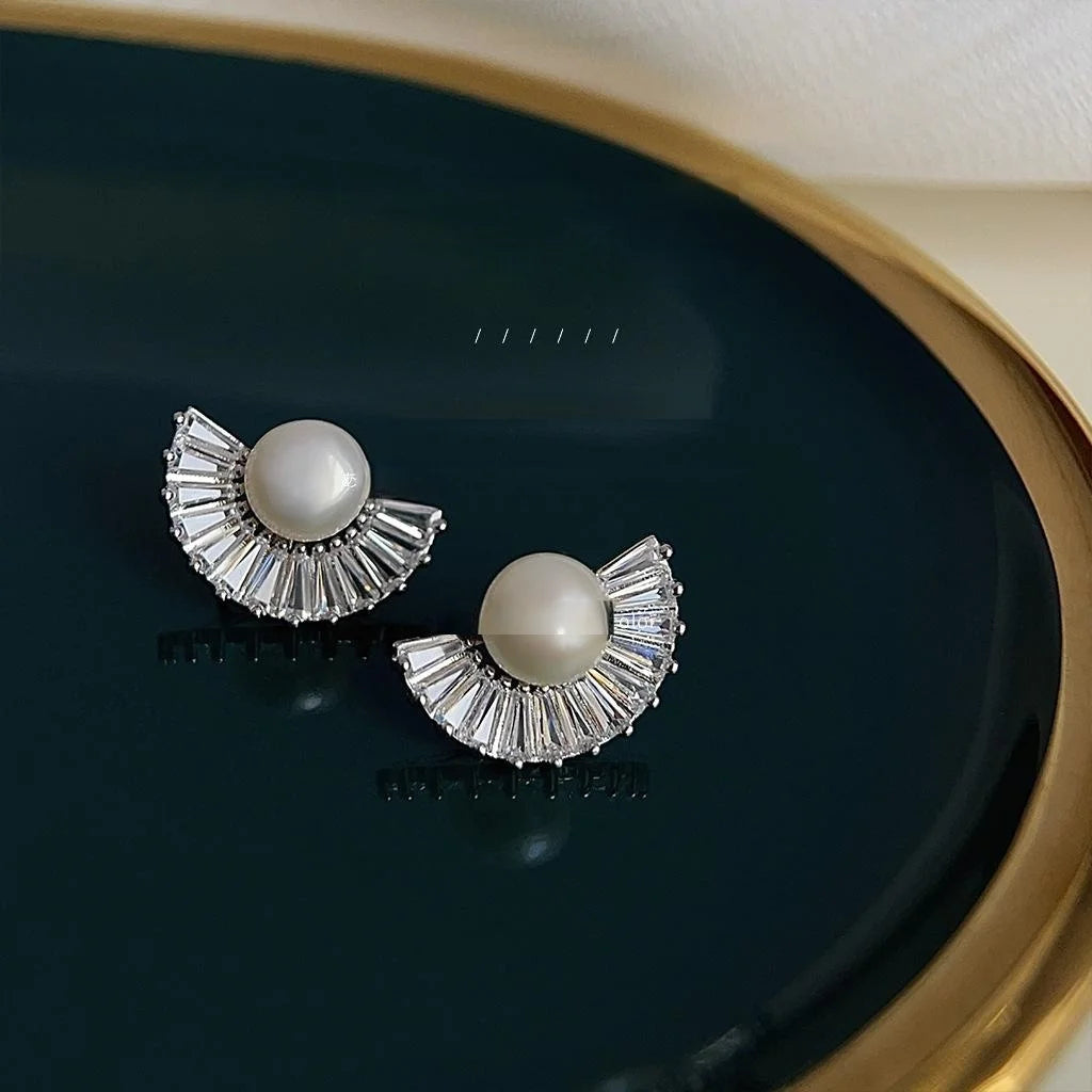 Light Luxury Geometric Fan Freshwater Pearl Micro Pave Zircon Copper Drop Earrings