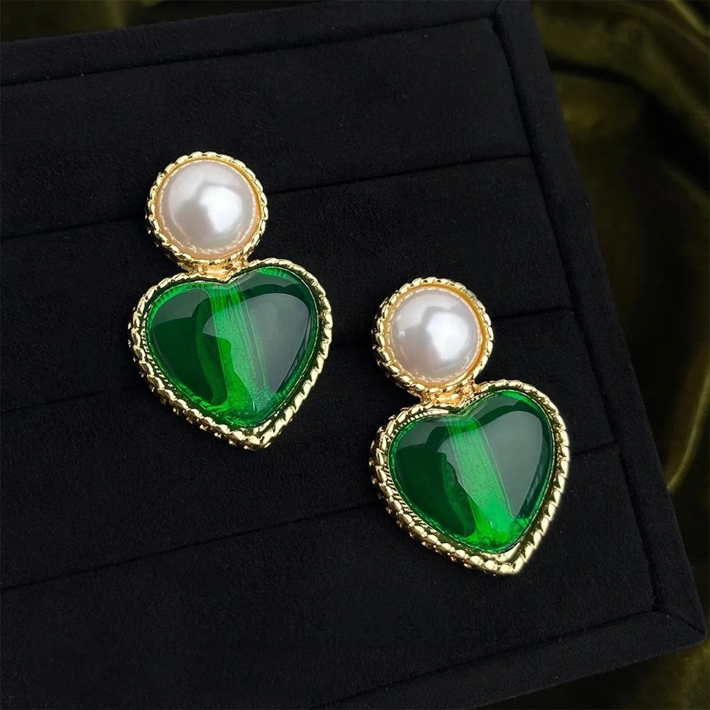 French Vintage Copper Emerald Green Resin Heart Pearl Stud Earrings For Women