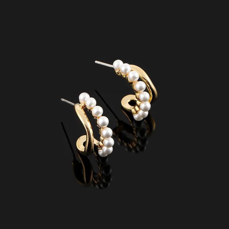 Elegant Geometric Pearl Hoop Ear Cuffs In Gold Alloy, Stud & Clip On No Piercing Everyday Earrings