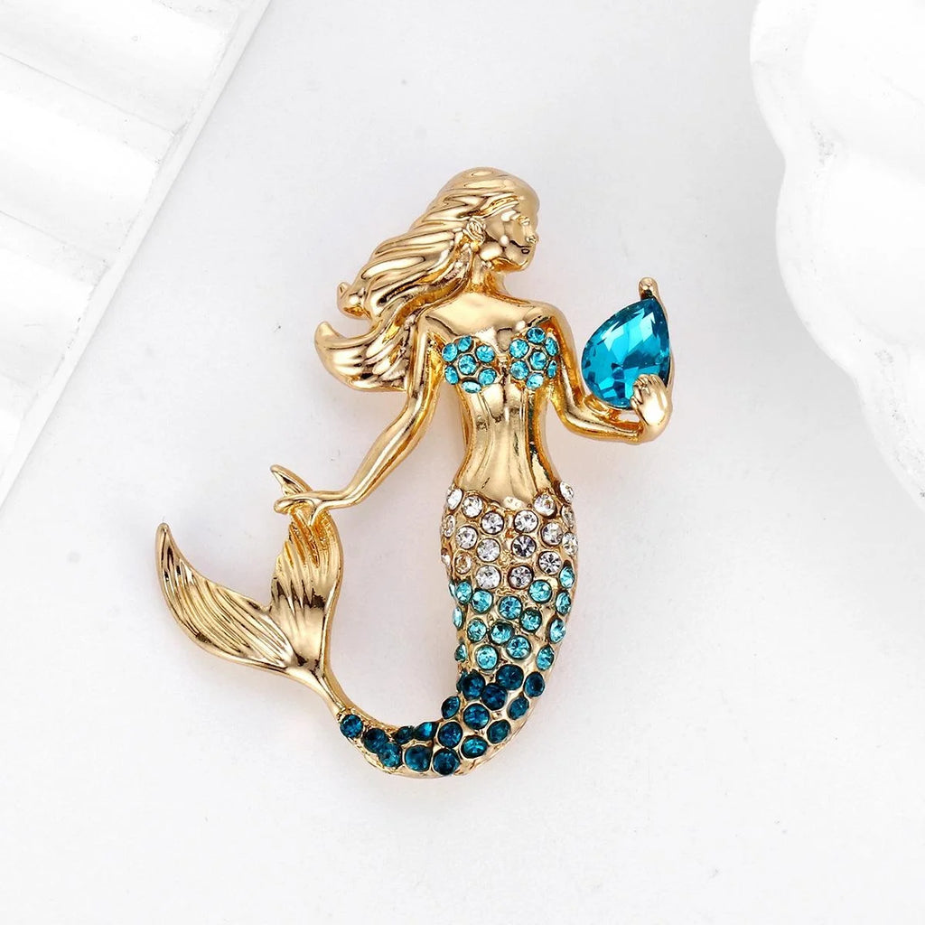 Luxury Gold Alloy Rhinestone Mermaid Brooch With Pink Crystal Pearl Lapel Pin Corsage Suit Accessory Gift