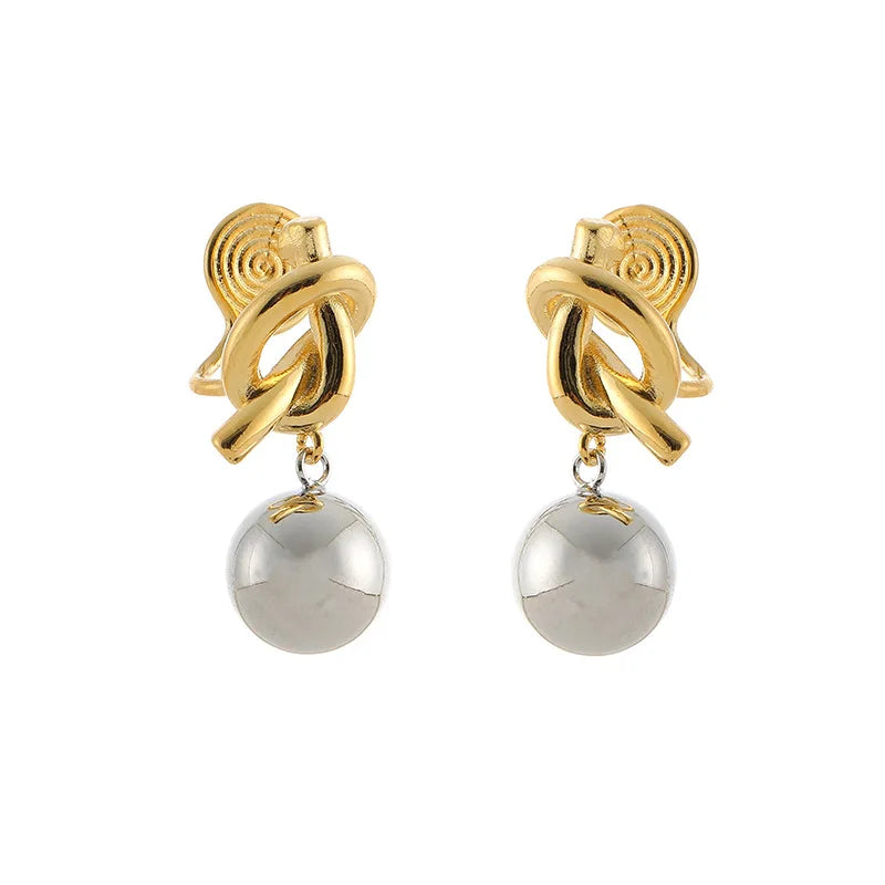 Elegant Contrast Two Tone Alloy Geometric Knot Ball Drop Stud & Clip On No Piercing Metal Dangle Earrings
